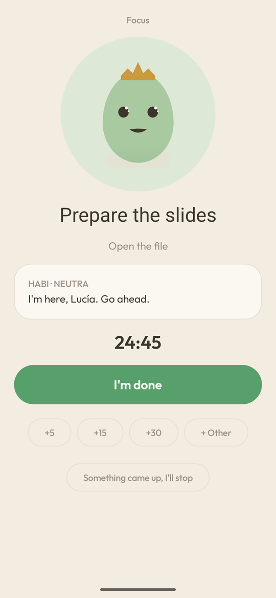 The timer for the task "Prepare the slides" running: Habi with open eyes, the countdown, and the "I'm done" button.