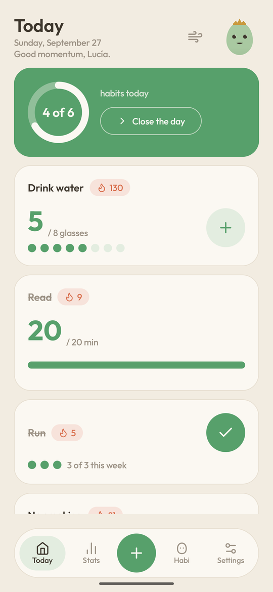 The Today screen: the date, Habi with a message and the breathe button, the "4 of 6" progress ring, and the pending habits, each with its quick-log control.