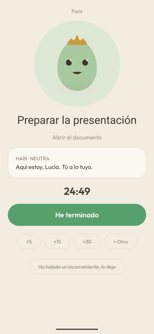 El temporizador de la tarea «Preparar la presentación» en marcha: Habi con los ojos abiertos, la cuenta atrás y el botón «He terminado».