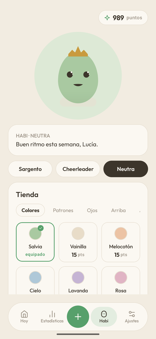 La pantalla de Habi: la mascota con la cara de Neutra, su mensaje del día, el selector de personalidad, los puntos ganados y la tienda donde se gastan.