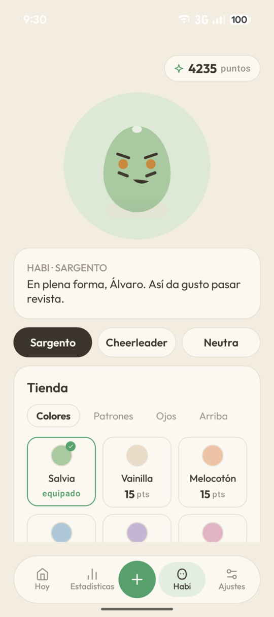 The Habi screen: the mascot wearing the Sargento face, its message of the day, the personality selector, the points earned, and the store where they're spent.