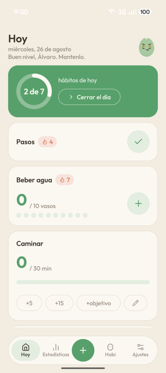 The Today screen: the date, a message from Habi, the "2 of 7" progress ring, and the pending habits, each with its quick-log control.